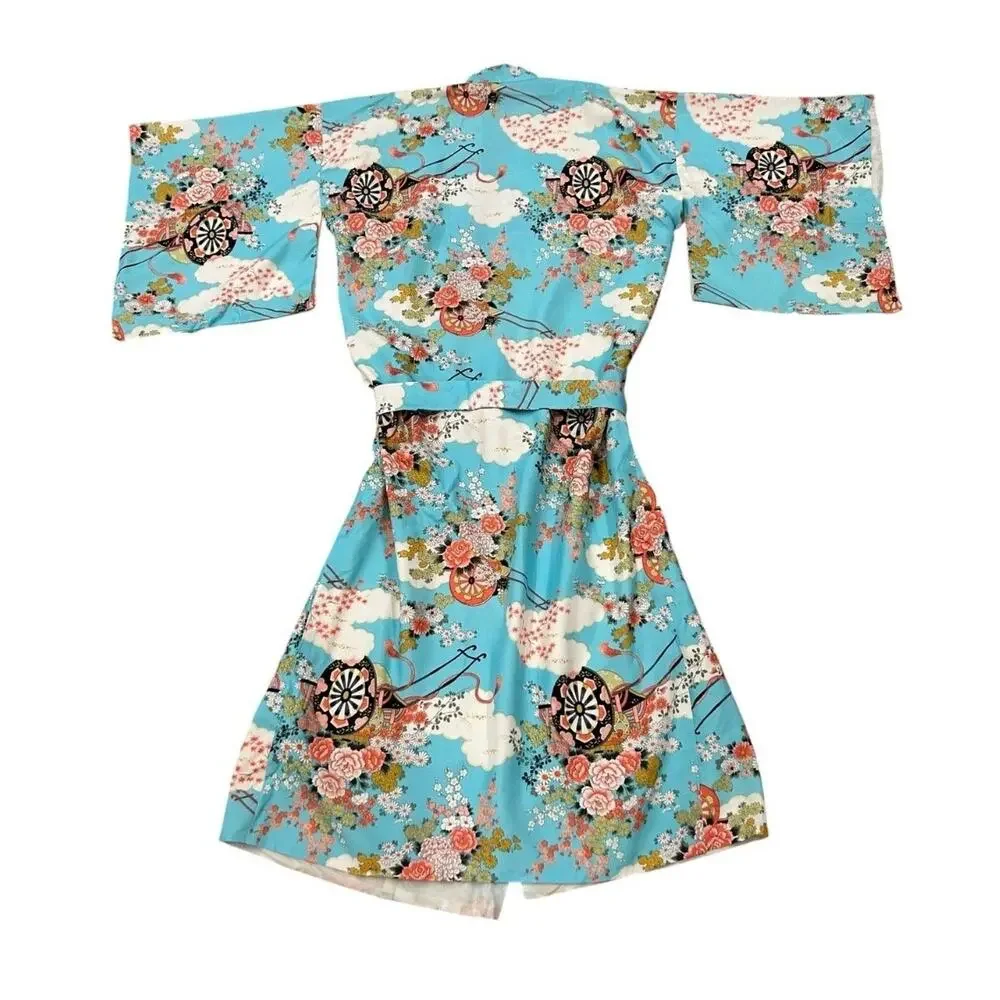 Vintage 1960s Japanese Rayon Kimono Robe Aqua Blue Floral Cloud Print OS -